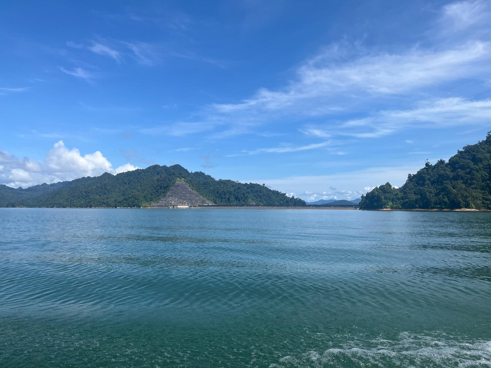 In the speedboat heading towards the Bayoh Lodge. If you squint, you can see the Bakun Dam structure and embankment in the distance